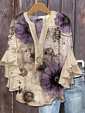 preiswerte Blumenoberteile-Damenbluse V-Ausschnitt Floral Grafik Elegant Bohemia Ethnisch 3/4-Ärmel Reguläre Oberteile Alltag Urlaub Freizeit Rüsche Print Königsblau Blau Helllila Khaki Sommer Frühling Herbst