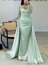 economico Champagne-Abito da sera sirena in paillettes abito in satin champagne arricciato maniche lunghe masquerade lunghezza fino al pavimento scollo illusion con perle gonna sovrapposta