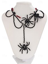 abordables Accesorios de Halloween-Conjunto de collar y pendientes de cuentas de araña de Halloween para mujer: joyería acrílica gótica de aleación negra y roja, accesorios de disfraz espeluznantes y adorables para fiestas y cosplay.