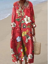 preiswerte Blumenkleider-Damen Maxikleid Sommerkleid A Linie Kleid Urlaub Lässig Boho Party Ausgehen Strand Blumen Grafik Langarm V Ausschnitt Schwarz Rosa Rote Purpur Sommer Frühling