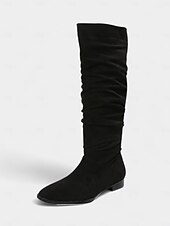 olcso Slouch Boots-női bő, térdig érő, lapos csizma - bézs művelúr retró stílusú, őszi divatos csizma hétköznapi viseletre és kosztümökbe