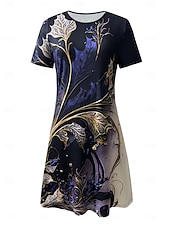 ieftine Tipăriți rochii florale-Pentru femei Rochii Midi Rochie imprimata Modă Modern Zilnic Petrecere ceai Ieșire Potrivire Largă Floral Abstract Manșon scurt Stil Nautic Negru Galben Albastru piscină Albastru Închis Vară Primăvară