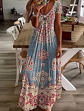 abordables Robes Boho-Femmes Robe maxi Robe Décontractée Robe trapèze Robe d&#039;été Élégant Vacances ancien Coupe régulière Fleuri Graphique Paisley Manche Courte Col en U Vert Claire Bleu Poudré Été Printemps Automne