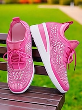 abordables Baskets femme-Baskets compensées Flyknit roses pour femmes avec détails en strass – Chaussures de sport légères et respirantes pour une tenue décontractée et la marche