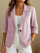 abordables Camisas-Blazer de lino y algodón para mujer, cómodo, transpirable, con bolsillos, informal, liso, para oficina, calle, uso diario, botonadura sencilla, cuello vuelto, corte regular, manga larga, prenda exterior, amarillo, rosa, albaricoque, verano, primavera.
