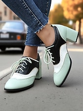 preiswerte 1950er Jahre-Zweifarbige Oxford-Schuhe mit Blockabsatz für Damen – Retro-Schnürschuhe in Mintgrün und Metallic für den Streetstyle im 50er-Jahre-Stil, Alltagsoutfits und legere Anlässe