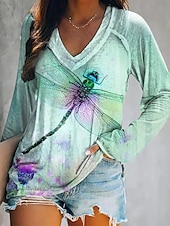 ieftine tricou boho-Pentru femei Tricou Grafic Geometrie Epocă Stilat Clasic Manșon Lung În V Topuri obișnuite Zilnic Sfârșit de săptămână Imprimeu Verde Deschis Roz Îmbujorat Albastru piscină Portocaliu Trifoi