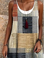 preiswerte Streifen- und geometrisches Kleid-Damen Minikleid T-Shirt-Kleid Sommerkleid A Linie Kleid Urlaub Lässig Boho Täglich Lässiger Schnitt Grafik Geometrisch Karomuster Ärmellos Rundhalsausschnitt Khaki Sommer Frühling Herbst