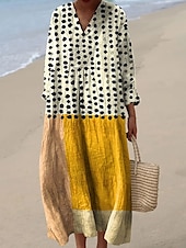 preiswerte Streifen- und geometrische Kleider-Damen Midikleid Freizeitkleid Sommerkleid A Linie Kleid Urlaub Lässig Boho Party Strand Lässiger Schnitt Grafik Geometrisch Langarm V Ausschnitt Schwarz Gelb Rosa Rote Sommer Frühling Herbst