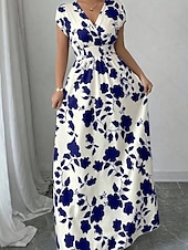 tanie Sukienki kwiatowe-Damskie Sukienka maxi Sukienka A line Urlop Codzienny Boho Na zewnątrz Wyjściowe Luźny / a Kwiaty Krótki rękaw W serek Czarny Czerwony Niebieski Pomarańczowy Lato