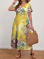 preiswerte Kleider-Damen Übergröße Freizeitkleid Ombre V Ausschnitt Kurzarm Sommer Frühling Mode Modern Lässig Maxikleid Ferien Wochenende Kleid