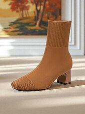 preiswerte Stiefeletten-Marineblaue Strick-Sockenstiefel für Damen – spitze Stretch-Stiefeletten mit Blockabsatz für elegante Alltags- und Herbstoutfits