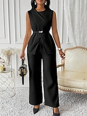 billiga breda ben och hög midja-Dam Elegant Mode Byxuppsättningar Bolero Top Ärmlös Rund hals Ensfärgat Semester Ledigt / vardag Svart Vit Rubinrött Sommar Normal