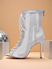 baratos Sapatos de Dança Latina-Botas de dança de salto alto com cadarço branco e prata para mulheres - sapatos profissionais de dança de jazz latino com biqueira aberta para palco e festa