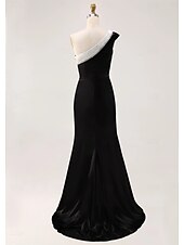 ieftine negru-Rochie de seară elegantă, tip sirenă, alb-negru, de mireasă, formală, lungime până la podea, fără mâneci, model crepe elastic pe un umăr, cu sclipici, încrețit, 2025