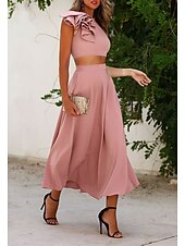 preiswerte Cocktailkleider-Strandhochzeit Zweiteilige Cocktailkleider Elegantes Kleid Abschlussfeier Verlobung knöchellang Ärmellos Juwel-Ausschnitt Herbst Hochzeitsgast Satin mit Rüschen einfarbige Kleider