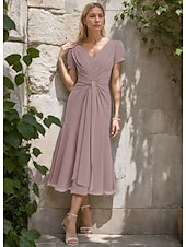cheap Tea Length-A-Line Mother of the Bride Dress Formal Wedding Guest Elegant Simple Minimalist V Neck Tea Length Chiffon Short Sleeve with Pleats Ruched