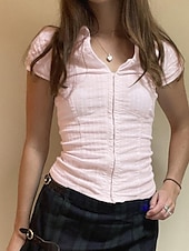 preiswerte Damen Einfache Oberteile-Damen Hemd Bluse Einfach Modern Lässig Kurzarm Hemdkragen Normale Oberteile Täglich Ferien Knöpfe Weiß Rosa Sommer