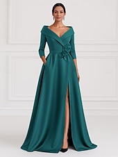 economico Vestiti da sera-Abito da sera A-Line nero e oro abito elegante invitato al matrimonio lunghezza campagna maniche 3/4 colletto camicia tasca satin elasticizzato con fiore sulla spalla