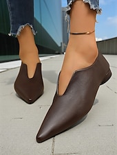 abordables Chaussures sans lacet et mocassins femme-ballerines à bout pointu en similicuir marron pour femmes – mocassins minimalistes à enfiler en V, tenues de bureau élégantes et décontractées au quotidien