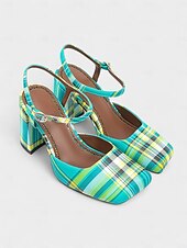 cheap Block Heels-Women&#039;s Purple Plaid Block Heel Pumps –1970s Retro Square Toe High Heels with Ankle Strap for Daily Wear, Office &amp; Vintage Outfits