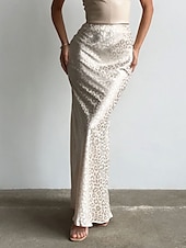 billige Vanlige skjørt-Dame الالتفاف Mote Maksi Mellomhøyt liv Skjørt Leopard Trykt mønster Mikroelastisk Feriereise Gate Beige Sommer Polyester
