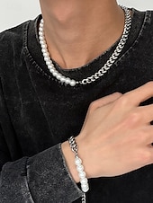 tanie Biżuteria męska-męski zestaw biżuterii z pereł i łańcuszków – modny naszyjnik i bransoletka z pół perły, pół metalu na styl uliczny, hip-hopowy i imprezowy