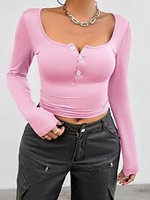 preiswerte Damen Einfache Oberteile-Damen T Shirt Einfach Mode Modern Langarm Quadrathals Crop Tops Täglich Tunika Knöpfe Schwarz Weiß Rosa Sommer