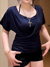 levne Krajkové topy-Dámské Krajková košile Pevná barva stylové Moderní Krátký rukáv Krk ohlávky Běžné topy Denní Dovolená Krajka Slátanina Černá Námořnická modř Fialová Léto