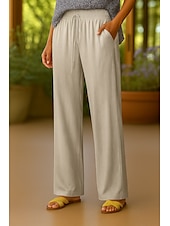 baratos Calça de linho de algodão simples-Mulheres Calças de linho de algodão chinês Moda Básico Casual Comprimento total Cintura Alta Tecido Com Cordão Conforto Exterior Com Stretch Férias Rua Diário Preto cáqui Bege Verão Primavera Normal