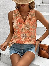 billige Blomstrete tanktop-Dame Camisole Tank Top Blomstret Grafisk Geometrisk Elegant Årgang Tropisk Ermeløs V-hals Vanlige topper Daglig Trykt mønster Svart Oransje Grønn Beige Sommer Vår