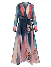tanie Sukienki boho-damska długa sukienka maxi sukienka casualowa sukienka rozkloszowana sukienka w kwiaty sukienka letnia sukienka boho vintage wakacje codzienne wakacje regularny krój kwiatowy długi rękaw dekolt w serek niebieski lato