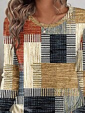 billige Stripe og geometrisk t-skjorte-Påske Dame T skjorte Grafisk Geometrisk Ruter Årgang Stilfull Klassisk Langermet Crew-hals Rund hals Vanlige topper Daglig Trykt mønster Kakifarget Sommer Vår Høst