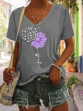 abordables T-shirt floral-Femmes T-shirt Fleuri Graphique Lettre Bohème ancien Élégant Manche Courte Col en V Hauts Réguliers Quotidien Sortir Week-end Imprimé Noir Blanche Rose Claire Violet Vert Été Printemps