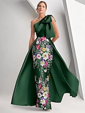 billige BLÅ-Blå Blomsterbrodert A-Linje Kveldsdrakt Elegant Kjole Formell Bryllup Gulvlengde Uten Ermer Én Skulder Sateng med Sløyfe(r) Slitt