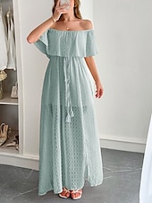 abordables Robes fleuries élégantes-Femmes Robe Longue Maxi Robe Robe Décontractée Robe d&#039;été Mode Moderne Quotidien Plage Week-end Coupe régulière Uni Manche Courte Épaules Dénudées Vert Été Printemps