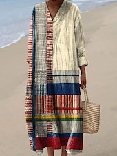 ieftine Rochii cu dungi și geometrice-Pentru femei Rochii Midi Rochie de Vară Rochie A line Vacanță Casual Boho Petrecere Plajă Potrivire Largă Grafic Geometric Manșon Lung În V Alb Albastru piscină Portocaliu Maro Vară Primăvară Toamnă