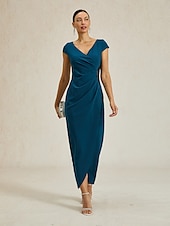 abordables Robe de cocktail-Femmes Robe maxi Robe fourreau Élégant Coupe régulière Couleur Unie Manche Courte Col en V Bleu Encre Été Printemps