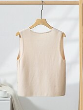 cheap Sweater Vest-Women&#039;s Sweater Vest Fashion Solid Color Ribbed V Neck Knitted Sleeveless Regular Tops Knit Holiday Going out Weekend Apricot Fall
