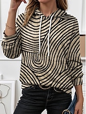 voordelige Gestreepte en Geometrische Tops-Dames Trui met capuchon Sweatshirt Grafisch Geometrisch Gestreept Elegant Warm Actief Lange mouw Capuchon Normale tops Straat Dagelijks gebruik Casual Afdrukken Bruin Lente Herfst Winter