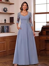 billige Gulvlengde-A-linje Kjole til brudens mor Elegant Enkel V-hals Gulvlengde Chiffon 3/4 ermer med Ensfarget 2025