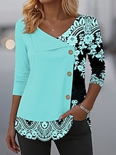 preiswerte Boho-T-Shirt-Damen T Shirt Grafik Stammes Elegant Mode Lässig Langarm Rundhalsausschnitt V Ausschnitt Normale Oberteile Täglich Patchwork Knöpfe Druck Schwarz Rosa Blau Purpur Grün Frühling Herbst Winter