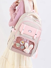 זול תיקי גב לילדים ונוער-תרמיל גב קל משקל ועמיד למים לילדה עם כיס קדמי שקוף וסיכת ארנב חמודה - תיק נסיעות חמוד לבית הספר, לקולג' ולטיולי סוף שבוע