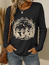 abordables Hauts d&amp;#39;Halloween-Halloween Femmes T-shirt Graphique Sorcière ancien Élégant Classique manche longue Col ras du cou Col rond Hauts Réguliers Quotidien Week-end Imprimé Noir Vin Bleu Violet Vert Printemps Automne