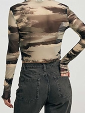 voordelige Bloemen tops-Dames T-shirt Luipaard Modieus Modern Lange mouw Strakke ronde hals Normale tops Dagelijks Netstof Kastanjebruin Licht Bruin Bruin Zomer