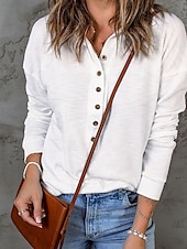 abordables Hauts Unis pour Femmes-Femmes Pull Uni Streetwear Occasionnel Confortable manche longue Col en V Hauts Réguliers Rue Fête Sortir Boutons Quart de zip Noir Blanche Gris Automne