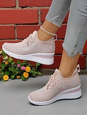 abordables Baskets femme-Baskets compensées Flyknit roses pour femmes avec détails en strass – Chaussures de sport légères et respirantes pour une tenue décontractée et la marche