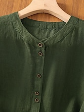 お買い得  シャツ-女性用 コットンリネンシャツ 純色 ベーシック カジュアル 七分袖 クルーネック レギュラートップス 日常 ポケット ボタン ホワイト ワイン グリーン カーキ色 夏 春 秋