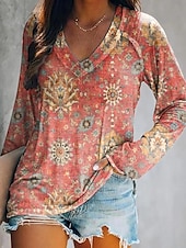 ieftine tricou boho-Pentru femei Tricou Grafic Geometrie Epocă Stilat Clasic Manșon Lung În V Topuri obișnuite Zilnic Sfârșit de săptămână Imprimeu Verde Deschis Roz Îmbujorat Albastru piscină Portocaliu Trifoi