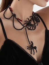 abordables Accesorios de Halloween-Conjunto de collar y pendientes de cuentas de araña de Halloween para mujer: joyería acrílica gótica de aleación negra y roja, accesorios de disfraz espeluznantes y adorables para fiestas y cosplay.